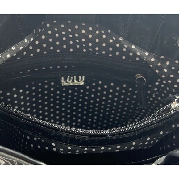 Lulu Guinness London Purse Bag Tote Womens Black White Vinyl Faux Patent Lined - Picture 12 of 12